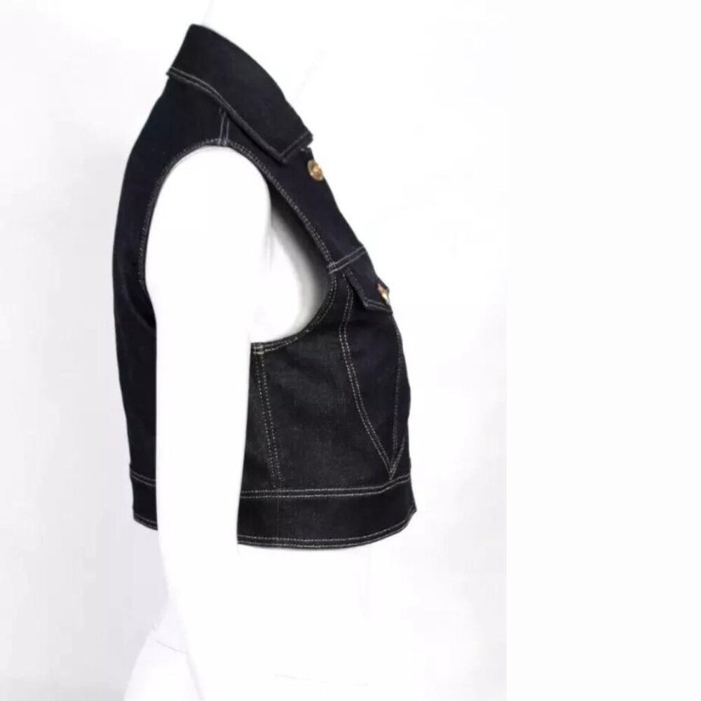 NWT VERSACE Tribute Blue Dark Wash Denim Gold Medusa Button Cropped Vest - Picture 4 of 11